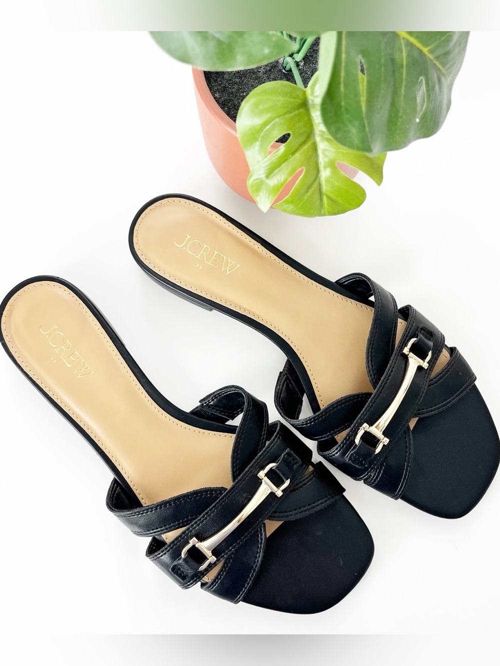 J.Crew Black Strappy Upper Gold Hardware Bit Slide Casual Sandals